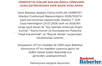 KOCAELİ İLİ İZMİT BELEDİYE BAŞKANI  İÇİŞLEREİNDEN FATMA KAPLAN HÜRRİYET’İN İÇİŞLERİ BAKANLIĞINCA GÖREVDEN UZAKLAŞTIRILMASINA DAİR BASIN AÇIKLAMASI
